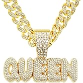 Letter Queen Pendant for Men Hip Hop Queen Cuban Necklace, Gold Sparkly Queen Cuban Necklace Iced Out Queen Cuban Chain Necklace Fashion Queen Cuban Necklace Stylish Queen Cuban Necklace