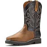 SUREWAY Cowboy Boots For Men - Mens Square Toe Embroidery Western Boot,Oil/Slip Resistant,Durable Classic Pull on 10 Inch Wellington Boots - Soft Toe Full Grain Leather Work Boots