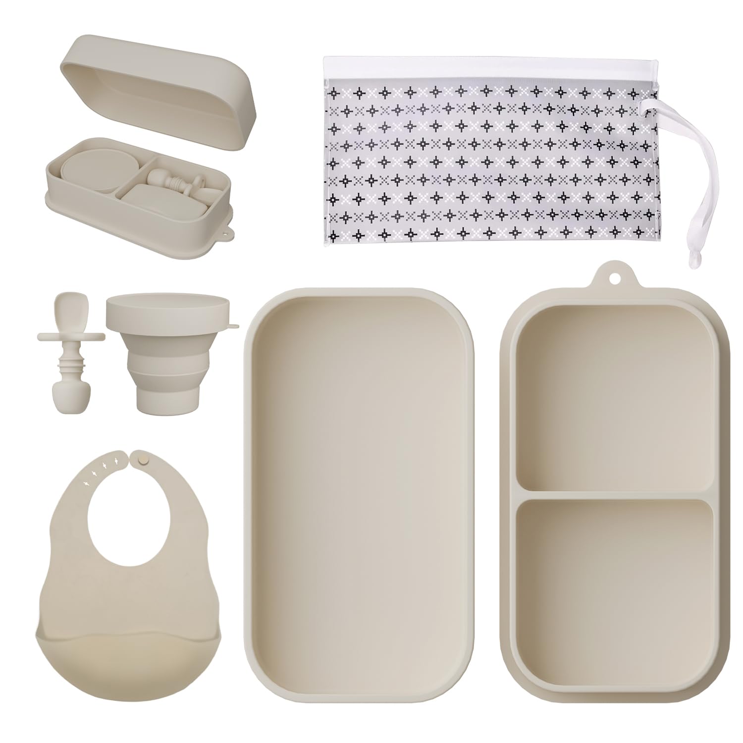 Photo 1 of Travel Silicone Baby Feeding Set Portable Toddler Feeding Supplies Toddler Plates and Bowls Set Baby plates with Suction With spoon and cup, bib and waterproof storage bag