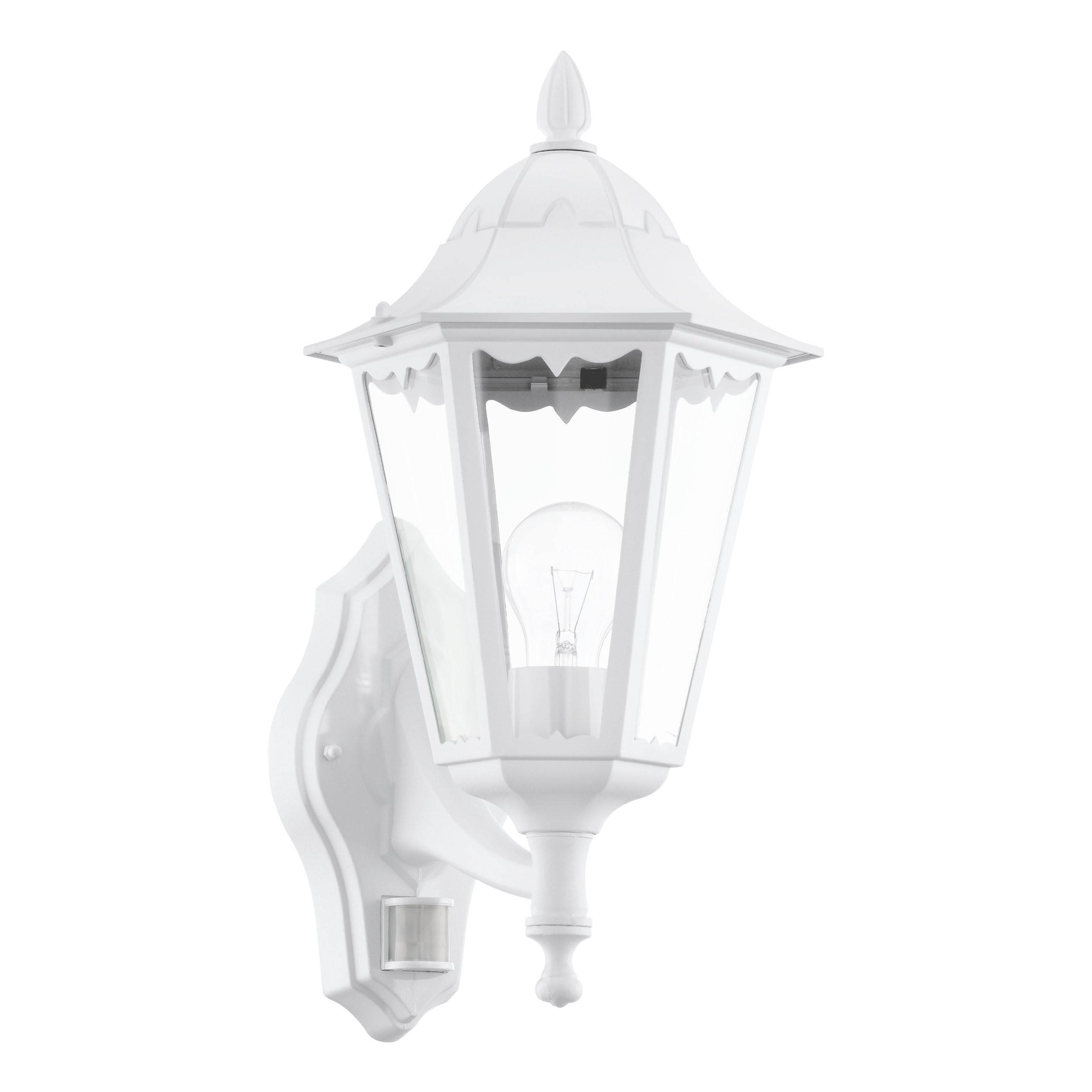Eglo Navedo Outdoor Wall Light, Motion Sensor External Porch Lighting, White Cast Aluminium and Clear Glass Lantern, Exterior Lamp with E27 Socket, IP44 — image 1