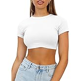 Haochic Womens Crop Tops Crewneck Y2K Summer T-Shirt Basic Short Sleeve Fitted Knit Ribbed Casual Blouse Cute Tee Shirt