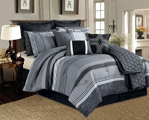 Amazon Com 12 Pieces Black Silver Grey White Stripe Comforter Set King Size Bedding Home Kitchen