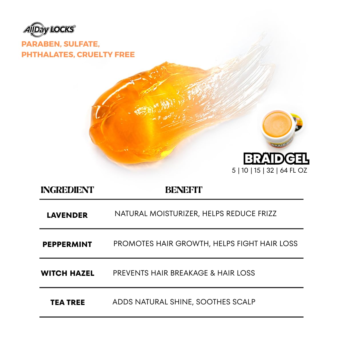 AllDay Locks Braid Gel (5 oz) | Extreme Hold, High Shine | Frizz & Flake-Free Edge Control | Tea Tree, Lavender, Peppermint Oil | Slick & Style Braids, Locks, Twists, Cornrows | 5 oz