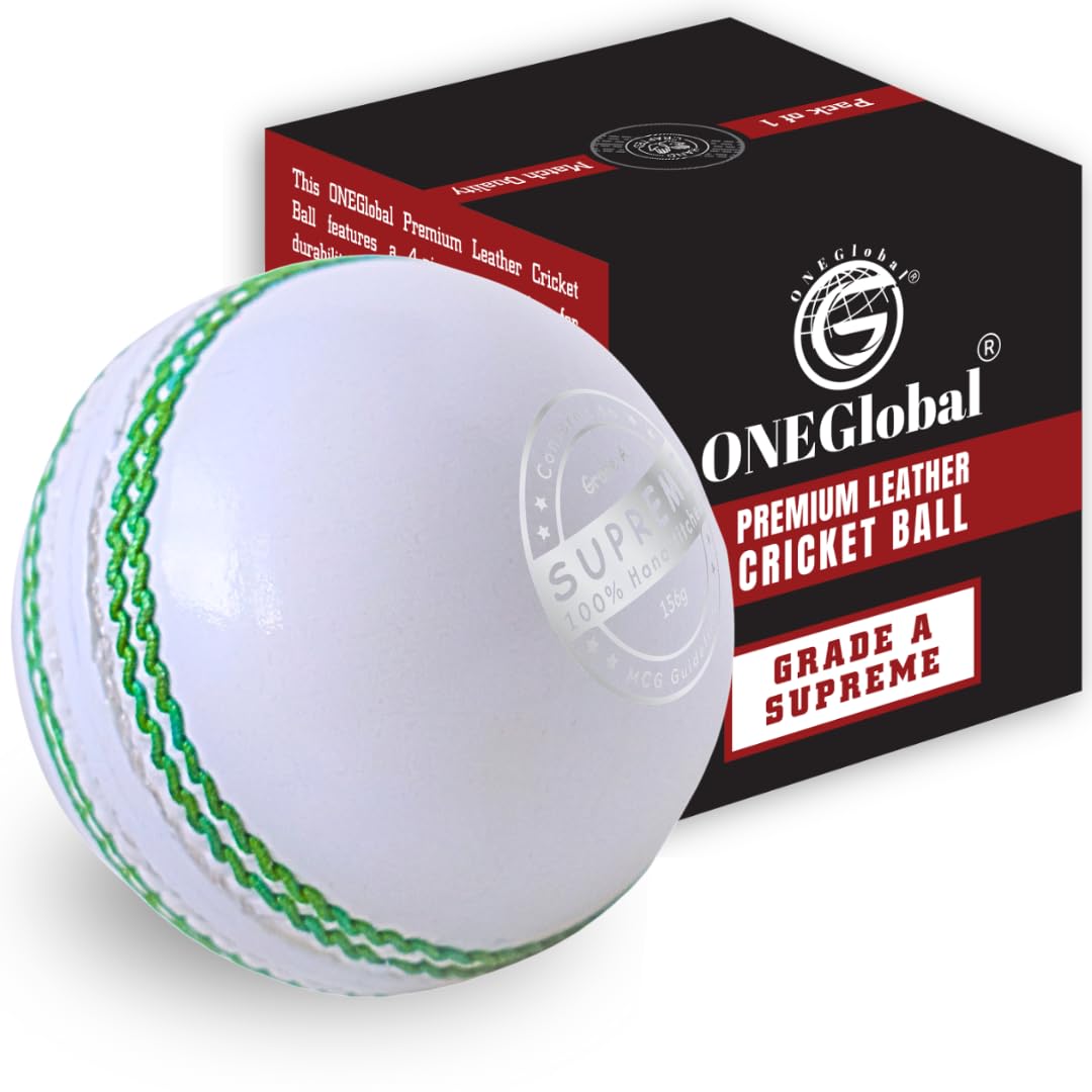 ONEGlobal Supreme Genuine Leather Cricket Ball | 4-Piece Handstitched Cricket Balls | Match Quality Hard Cricket Balls (Seniors 5.5oz, 1-White)