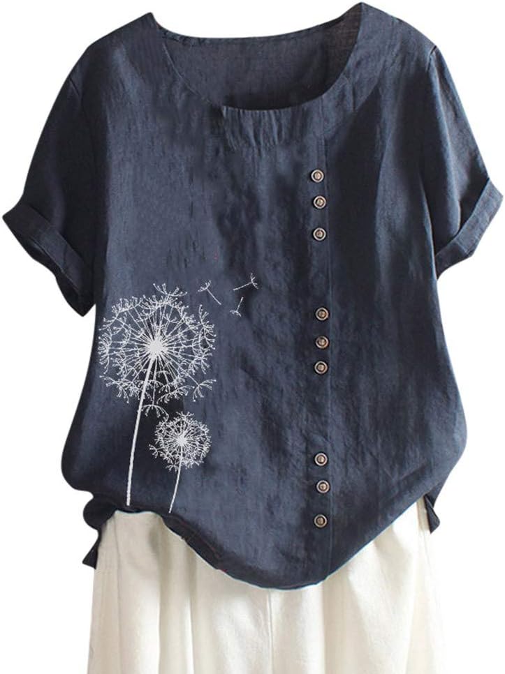 Boho Print T Shirts, Ladies Plus Size Short Sleeve Tops Button Linen Tee Casual Blouse Loose Vest Summer