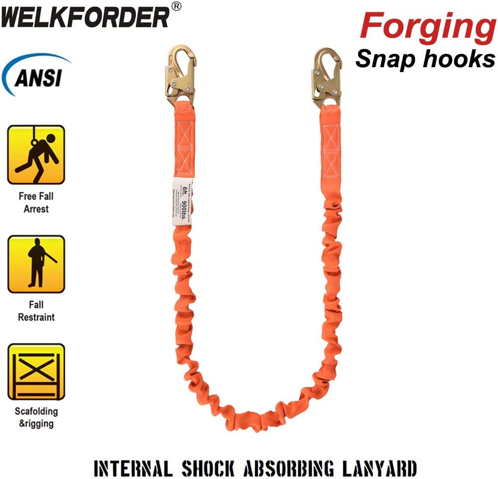 WELKFORDER 6-Foot Internal Shock Absorbing Safety Lanyard with Double Forging Snap Hook Connectors ANSI Z359.13-2013 Compliant Fall Protection Equipment (1 Pack) - - 