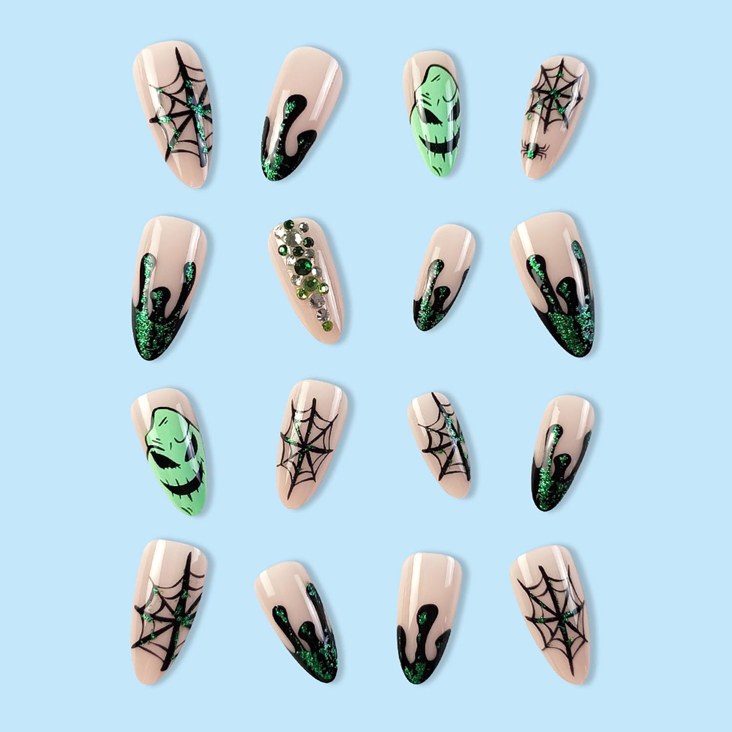 Halloween Press on Nails Medium Almond Fake Nails Nude Full Cover Green Spider Web Nightmare Christmas Nails Rhinestones False Nails with Designs Acrylic Artificial Nails for Women Girls 24Pcs - Image 5