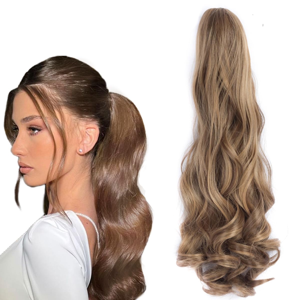prinfantasy Long Curly Wave Mini Claw in Ponytail Hair Extension Clip in on Hair Extensions Straight Curly Hair Piece Pony Tail Jaw Claw Synthetic Hairpiece for Women GBMW026