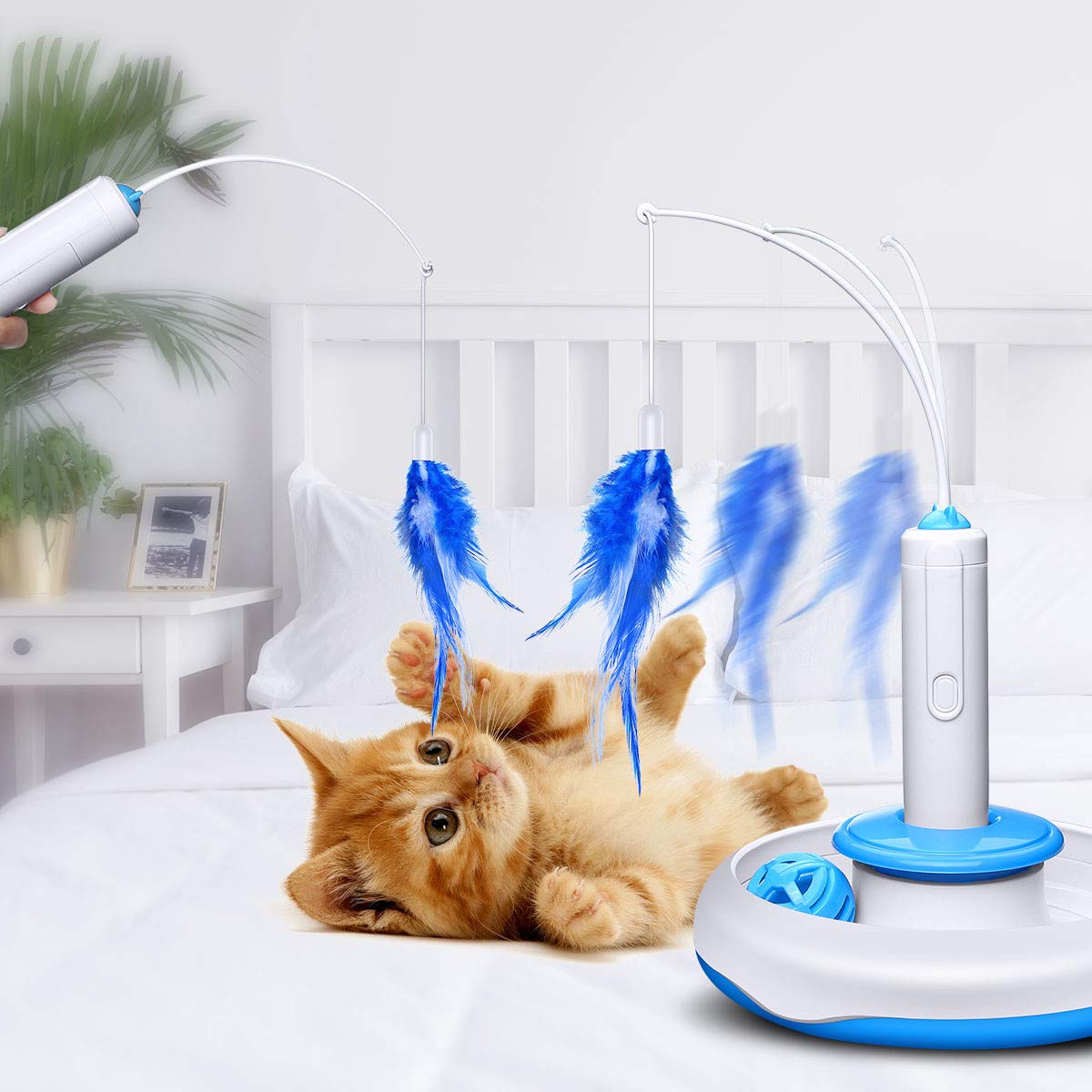 isYoung Cat Teasing Toy, Electric Mute Training Cat Toy Kitten Rotating Teaser Feather, Fun Playing Interactive Smart Game Pet Toy