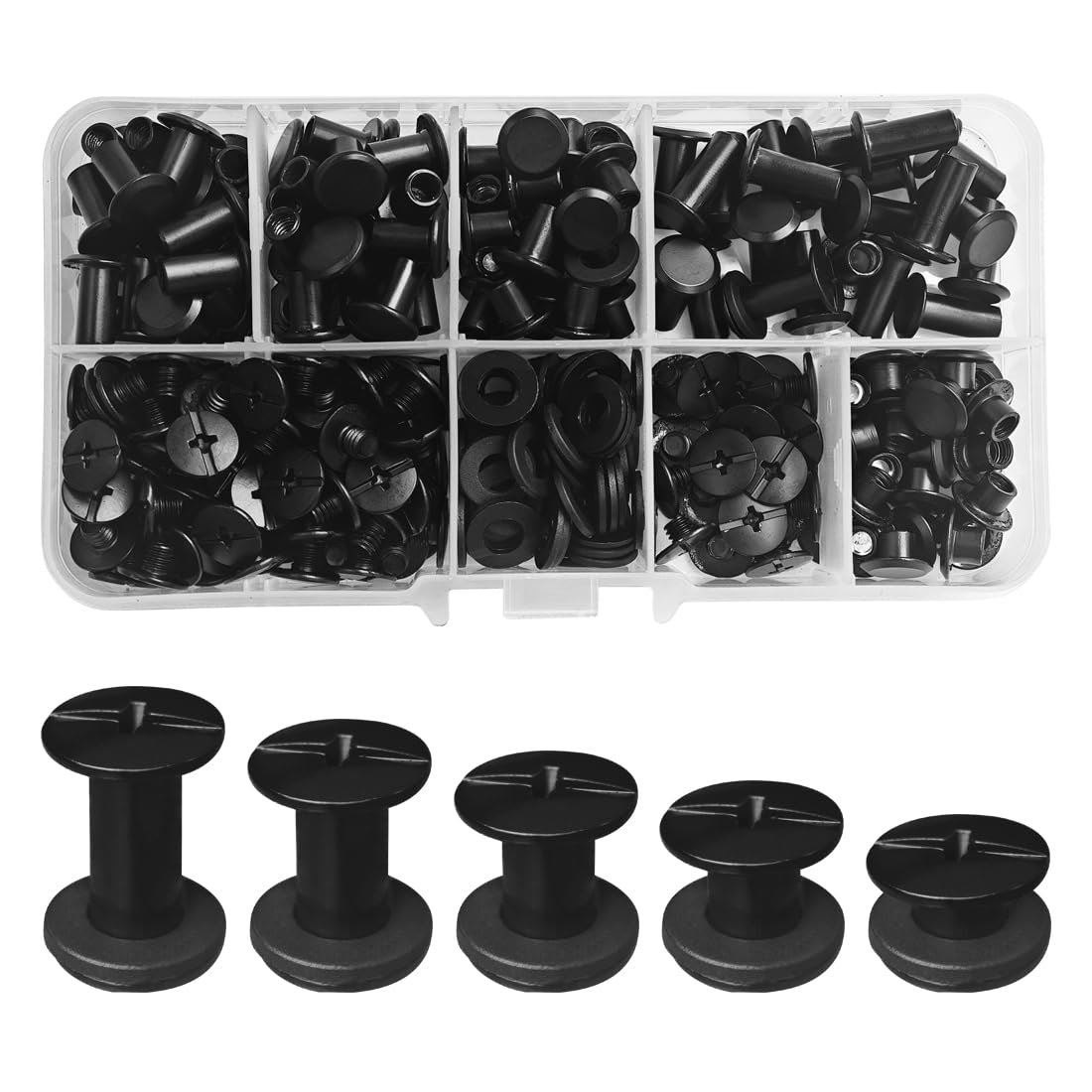 SHSMPXOY 100 Sets Chicago Screws M5*4/6/8/10/12mm Chicago Book Binding Screws Rivets for Leather Metal Rivet Replacement Repair for DIY Book Scrapbook Bookbinding, Bags,Collars(Matte Black)