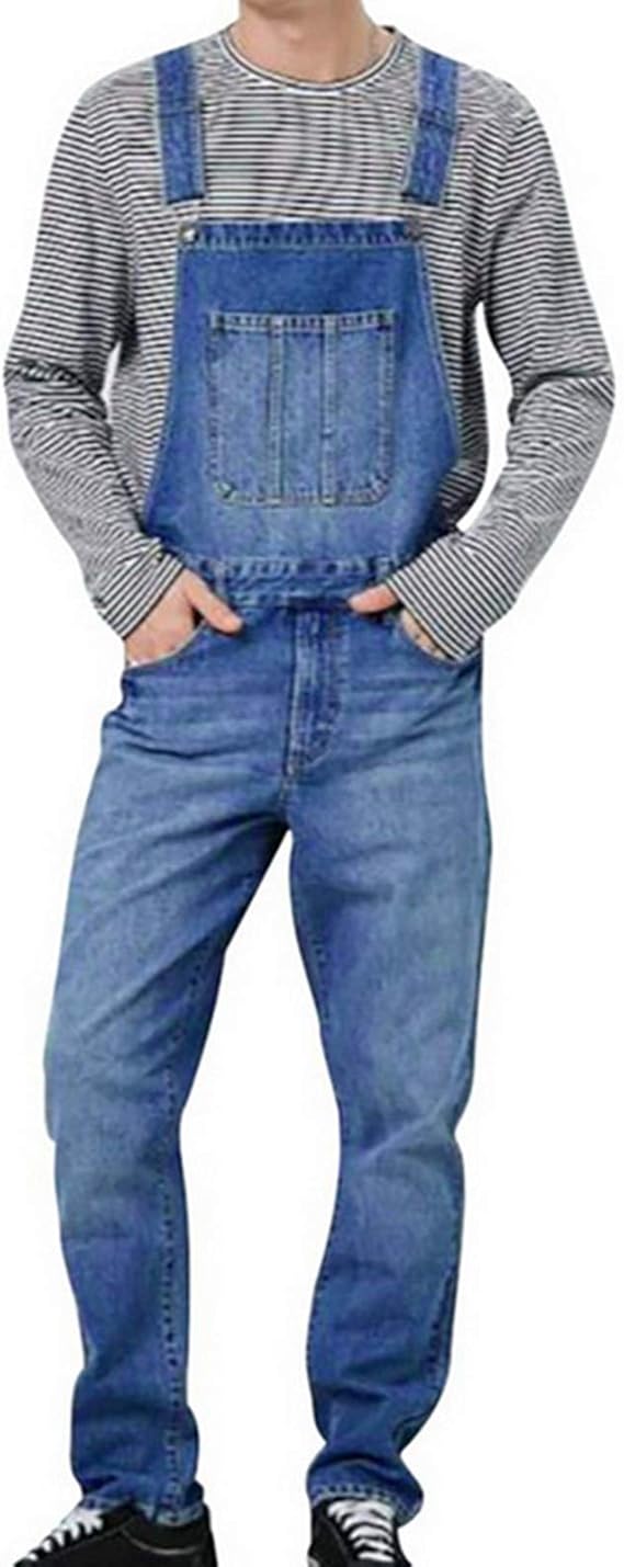 OEAK Men's Denim Dungarees Bib and Brace Cotton Overalls Blue Jeans