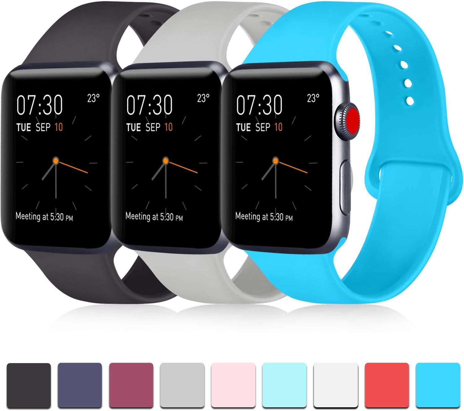 Pack 3 Compatible with Apple Watch Bands 42mm, Soft Silicone Band Compatible iWatch Series 4, Series 3, Series 2, Series 1 (Black/Teal/Gray, 42mm/44mm-M/L)