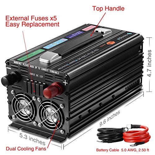 novopal 1000W Pure Sine Wave Power Inverter 3 AC Outlets DC 12V to AC 120V with Remote Control, Big LCD Display(Surge 2000W)