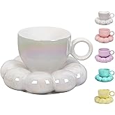 ARISKEY 10oz Coffee Mug for Women,Cute Tea Cup and Saucer Set with Spoon,Perfect for Latte and Milk, A Warm Choice for Mother's Love,Pearl White