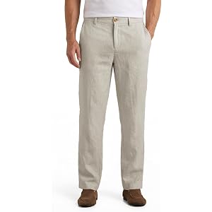 Bilitry 100% Linen Men Pants Zip Fly Hidden Internal Drawstring Mid Rise Straight Leg Beach Resort Pants