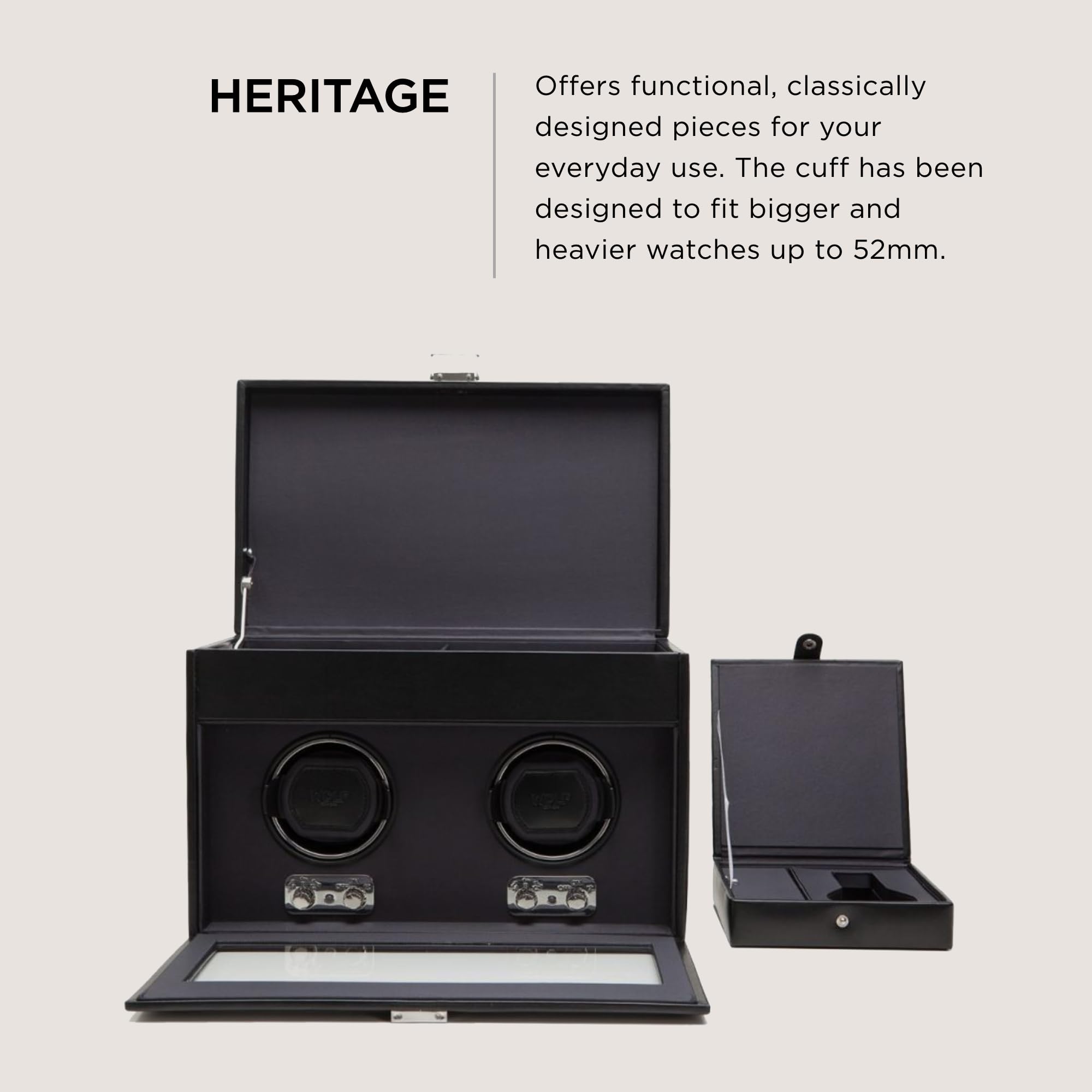WOLF Heritage Double Winder with Storage, Black - Secure Fit with Patented Lock-In Dynamic Cuff - For Bigger, Heavier Watches - Vegan Leather & Glass Cover - Includes Universal Adapter