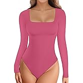 YOGINGO Long Sleeve Square Neck Bodysuits for Womens Going Out Body Suits Basic Leotards Jumpsuits Outfits Shirt Tops Halloween Fall Outfits Dupe Tummy Contro Pink S