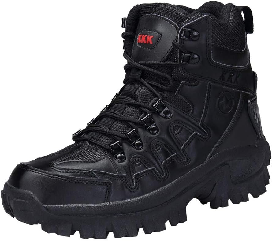 FALAIDUO Men Thick Sole Army Walking Leather Combat Boots Outdoor Desert Hiking Sport Shoes Casual Trainers Footwears (Black,EU:43)