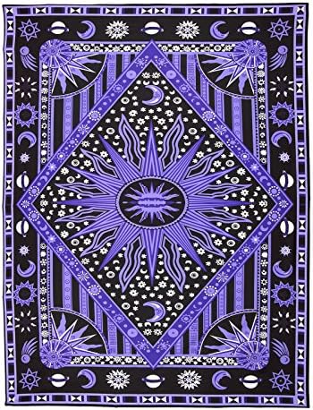 FLY SPRAY Large Tapestry Psychedelic Burning Sun Moon Stars Universe Tie Dye Hippy Wall Hanging Polyester Durable Non-fading Indian Coverlet Blanket Curtain Decor Purple