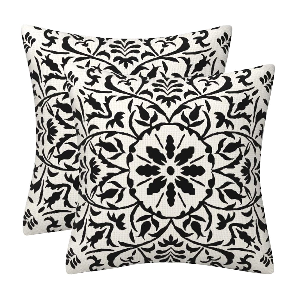 GAAFOSIPH Black Set of 2 Cushion Covers 45 x 45 cm Bohe Flower Modern Double Sided Printed Square Linen Decor 18 x 18 inches Cushions Cases Home Garden Decorations Pillow Cover for Sofa Bed Outdoor