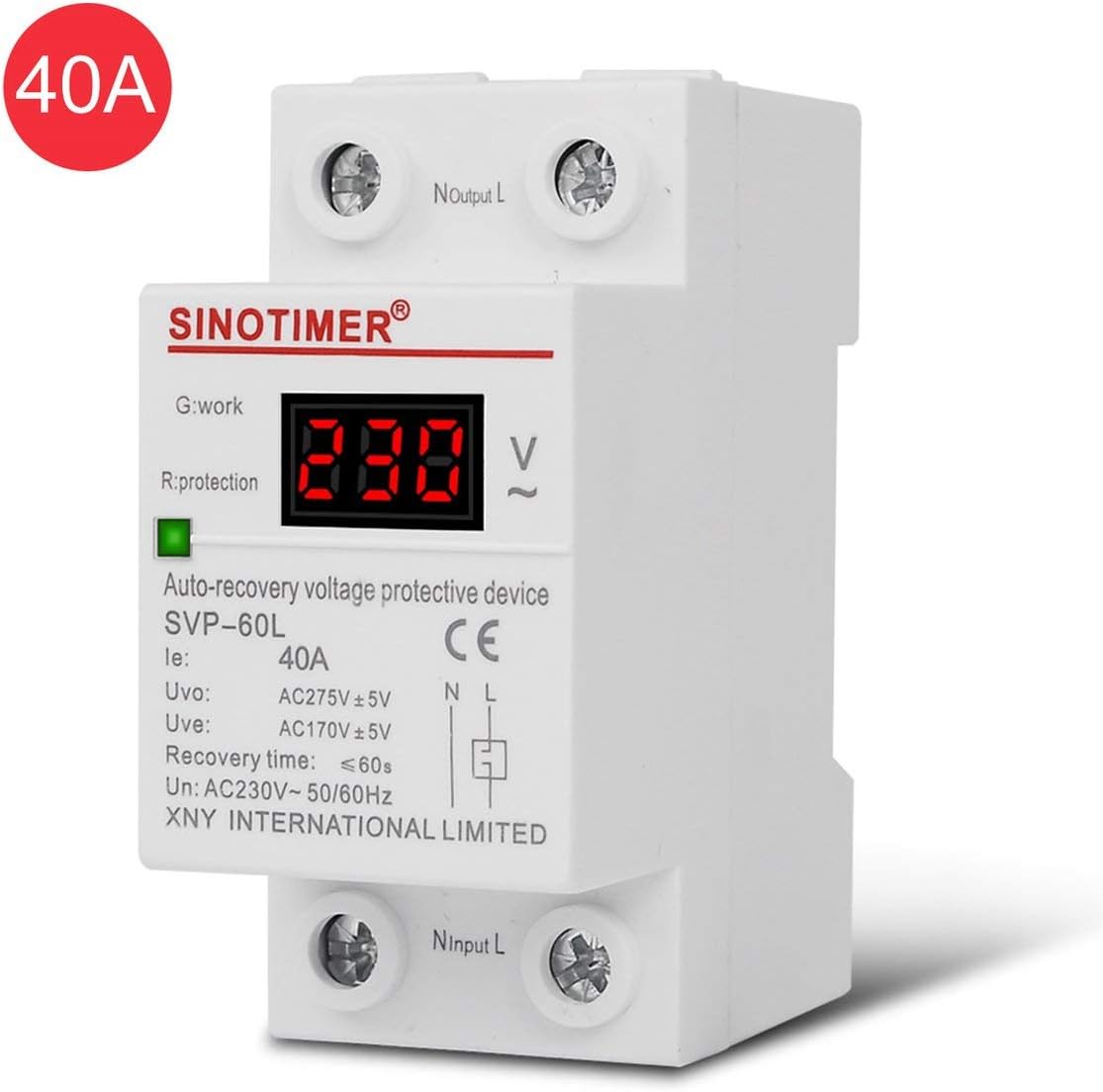 SINOTIMER SVP-60L 230V 40A Automatic Recovery Under Voltage Over Voltage Protector Relay Breaker Protective Device LED Display