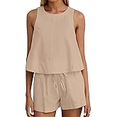 Ythomm Womens Two Piece Lounge Sets Round Neck Peplum Tops High Waist Linen Shorts Summer Matching Sets Beach Travel Outfits