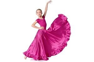 WJPUUS Satin Full Long Skirt for Circle Ruffle Skirt Satin Flowy Latin Belly Dance Umbrella Dress for Girls 8-12 Years
