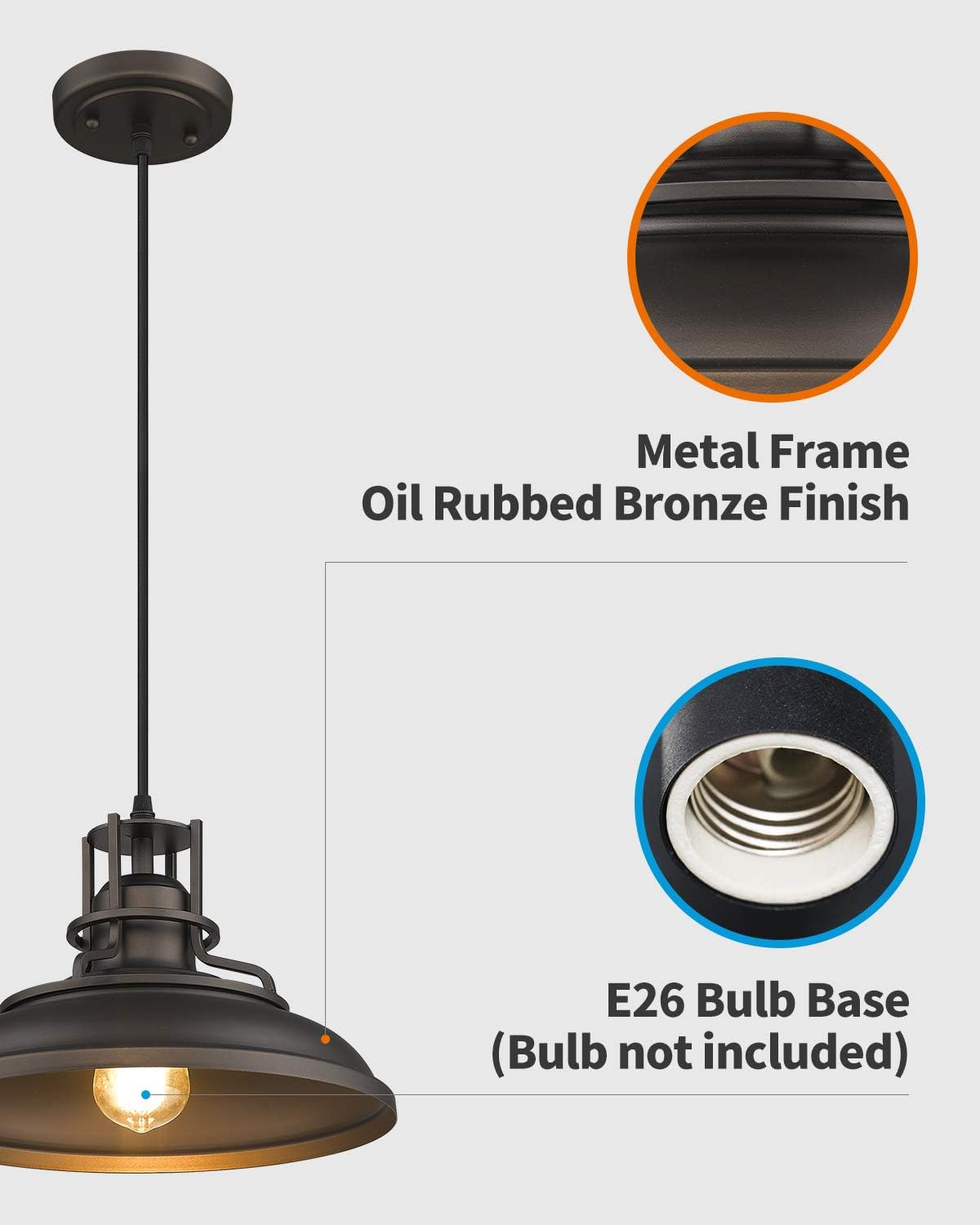 FEMILA Barn Pendant Light, Farmhouse Vintage Hanging Light Fixture Adjustable Height, Oil Rubbed Bronze Finish, 4FY15-MP ORB - - 