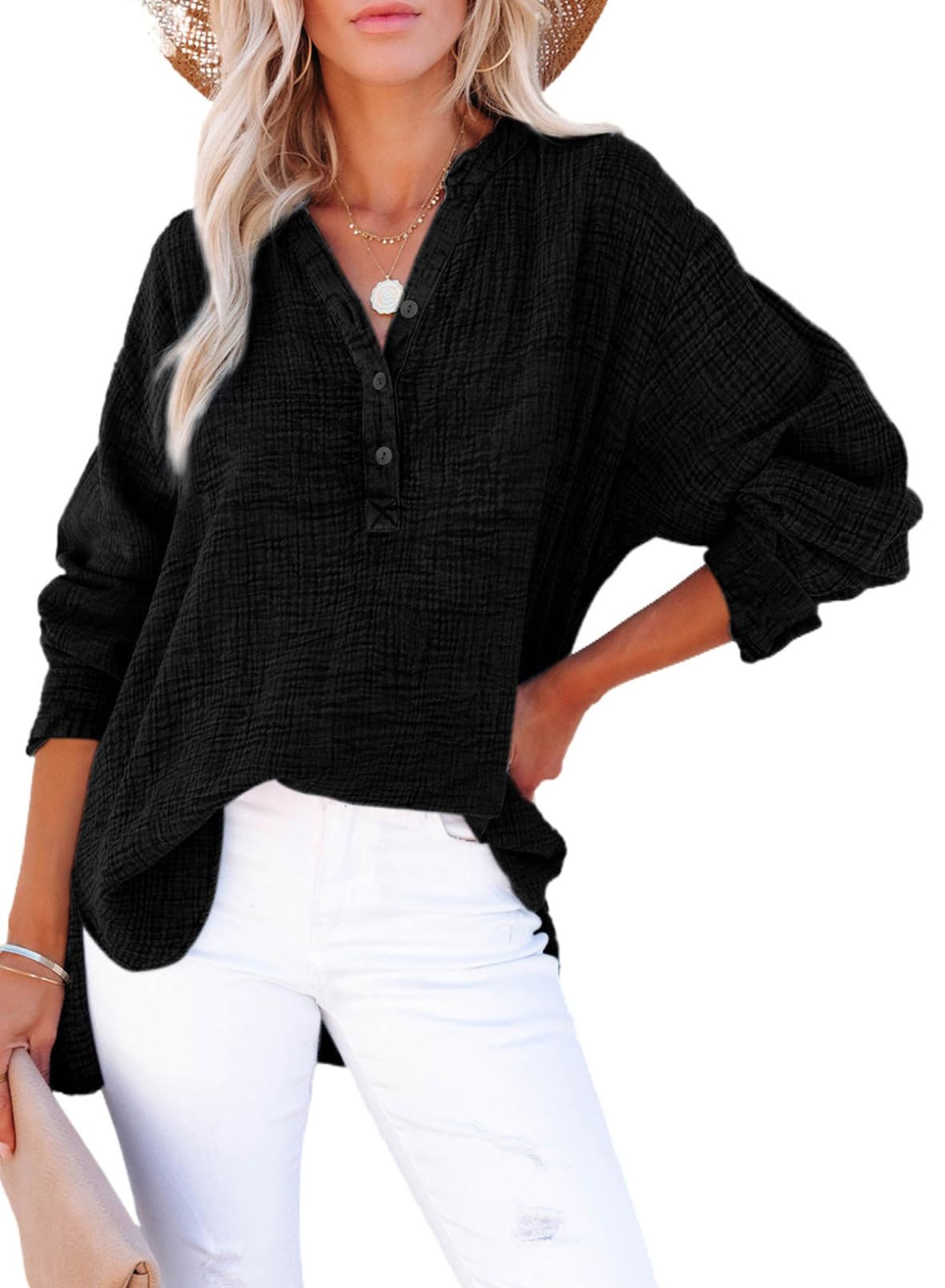 Photo 1 of (used/fair) Dokotoo 2025 Womens Tops Fashion Spring 3/4 Button V Neck Long Sleeve Shirts for Women Ladies Side Slit Solid Comfy Cotton Textured Fabrication Oversized Blouses Cute Tunic Tops M Black