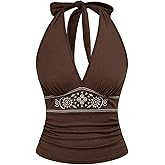 BEAUDRM Women's Western Tops Cowgirl Boho Tops 70s Cowboy Hippie Going Out Open Back Halter Tank