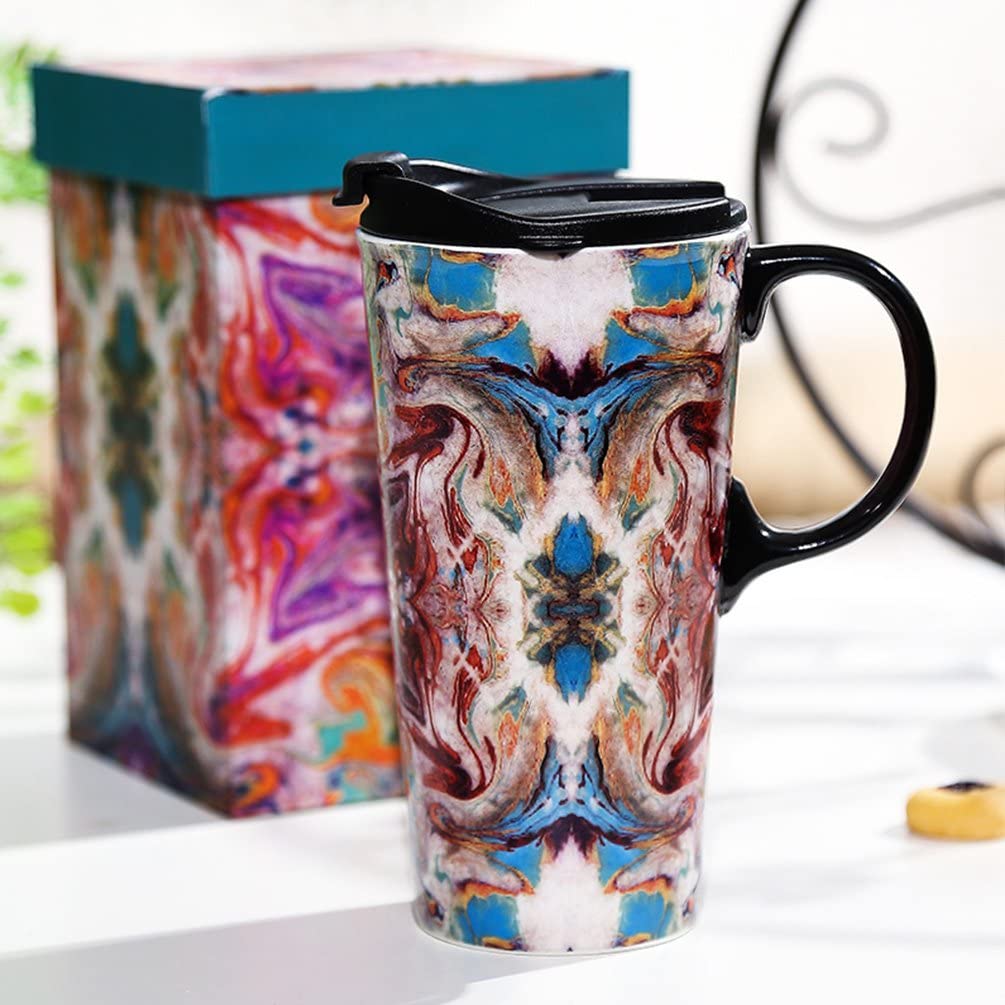 DUSVALLY Ceramic Mug Large Coffee Cup Tall Mugs Porcelain Latte Tea Cup with Lid 17oz.