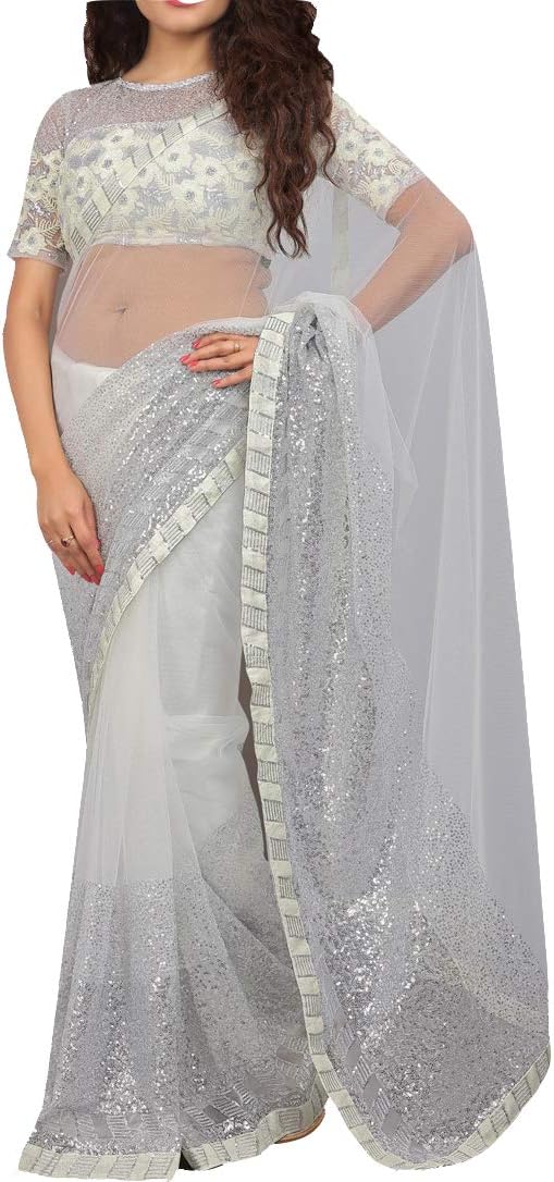 kfgroup Bollywood Designer Net Sequence Embroidery Work Sari Indian Wedding Dress with Blouse White