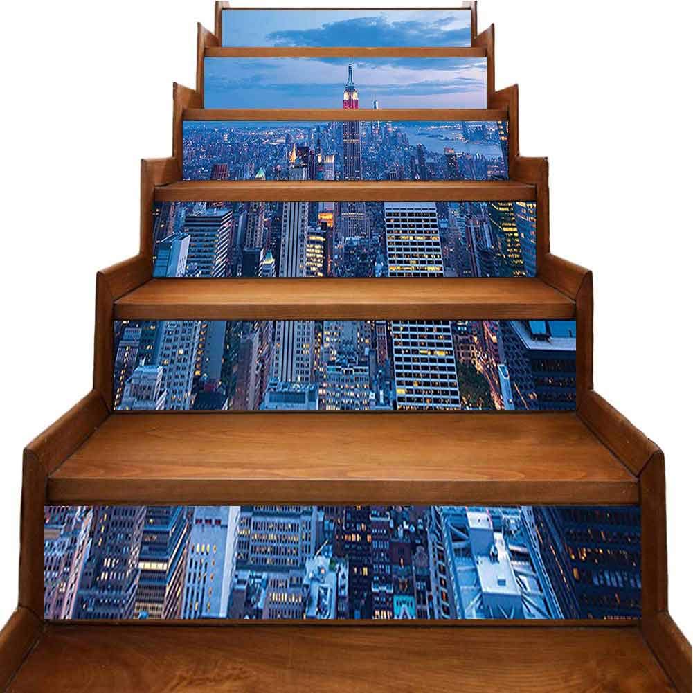 DIY Stairs Decal Aerial Night View of NYC with Dusk Sky Cloudy Sunset in City Wallpaper Removable Wall Deca for Walls Kitchen Bathroom Stair, W39.3 x H7 inch