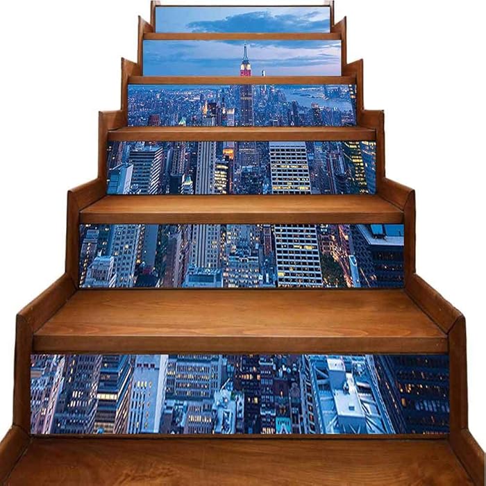 DIY Stairs Decal Aerial Night View of NYC with Dusk Sky Cloudy Sunset in City Wallpaper Removable Wall Deca for Walls Kitchen Bathroom Stair, W39.3 x H7 inch