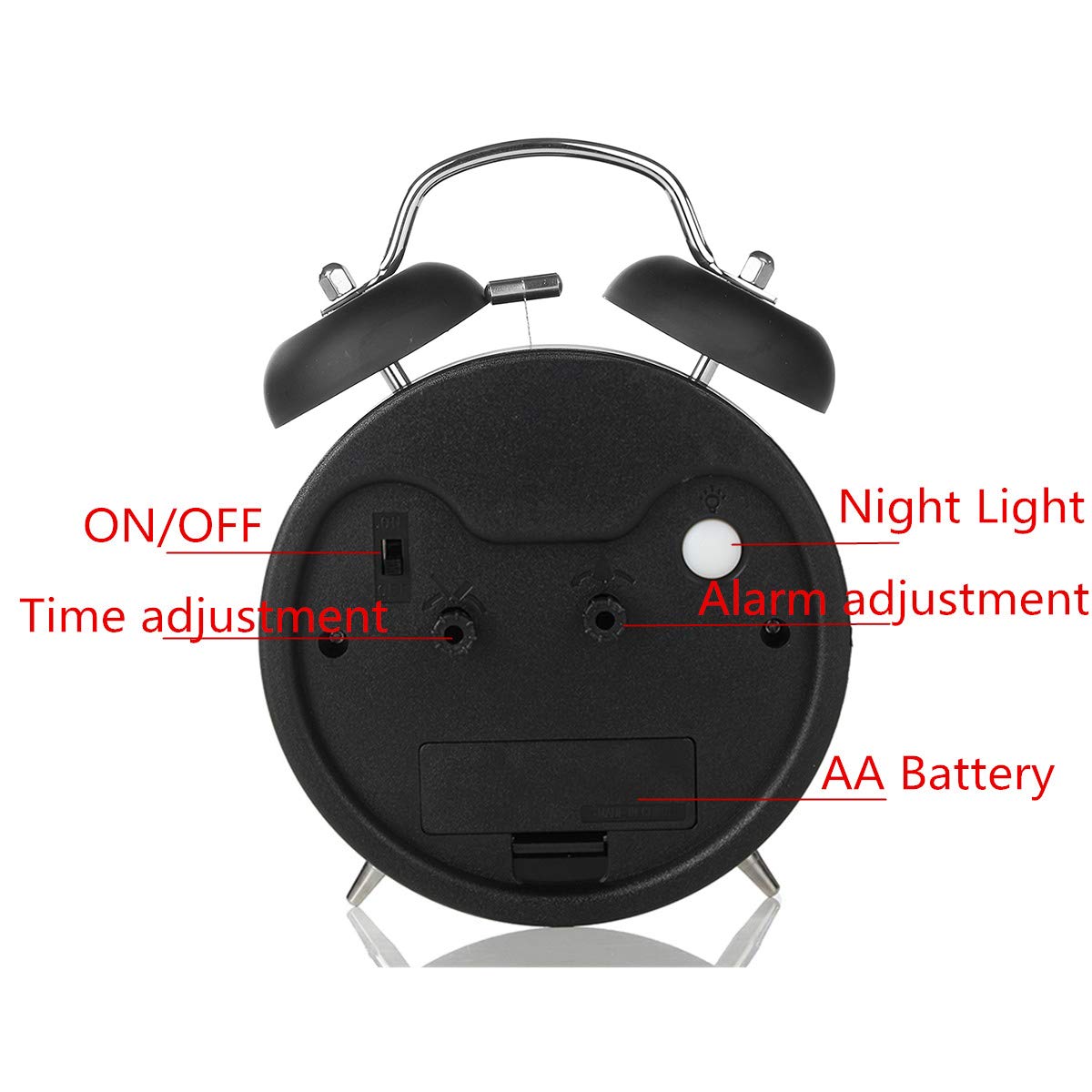 Jeteven lautlos Doppelglockenwecker 17x13x 6cm mit Nachtlicht,Analog Quarzwecker mit lautem Alarm,kein Ticken, geräuschlos (Schwarz)