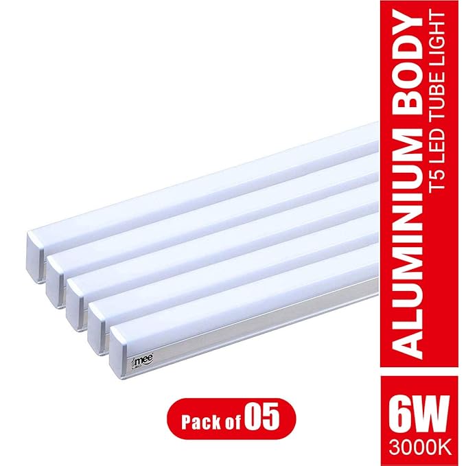 imee 6 Watts Extra Bright 600 Lumens Strong Aluminium Body T5 LED Tube Light 3000K, Batten Length 1 Feet, with Fitting Clamps and Screws (Golden Yellow Light) - Pack of 5