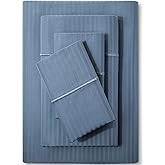 Feather & Stitch 500 TC King Size Damask Bed Sheet Set, 100% Cotton Soft Breathable Bedsheets, 4 Piece 18" Deep Pockets Sateen Weave Striped Bedding Mattress Resort Hotel Luxury Décor - (Blue Stripe)