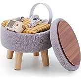 Wimarsbon Storage Ottoman, Modern Round Footrest with Soft Padded Seat, Teddy Velvet Footstool with Wood Legs, Accent Small Table or Plant Stand for Hallway, Living Room (Grey)