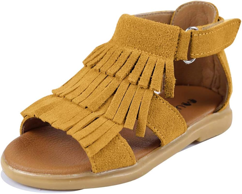  | Muy Guay Girls Sandals Genuine Leather Toddler Girls Sandals Tassels Summer Flats Walking Shoes with Non Slip Rubber Sole | Sandals