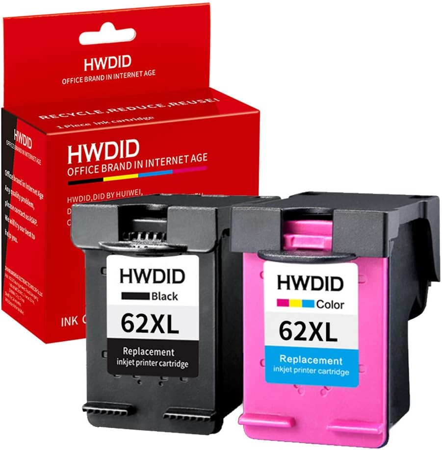 HWDID Remanufactured Ink Cartridge Replacement for HP 62XL 62 XL (1 Black1 & Tri-Color) C2P05AN C2P07AN High Yield