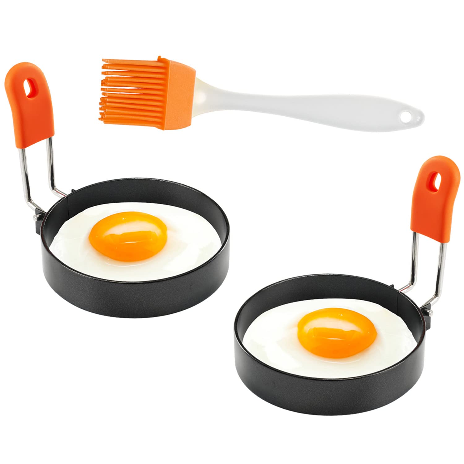 Nonstick Egg Rings 3.5 Inches 2 Packs for Non Stick Frying Egg Ring Mold with Oil Brush, Nonstick Egg Circles Anti-Scald Fried Egg Shaper for Patties Pancakes