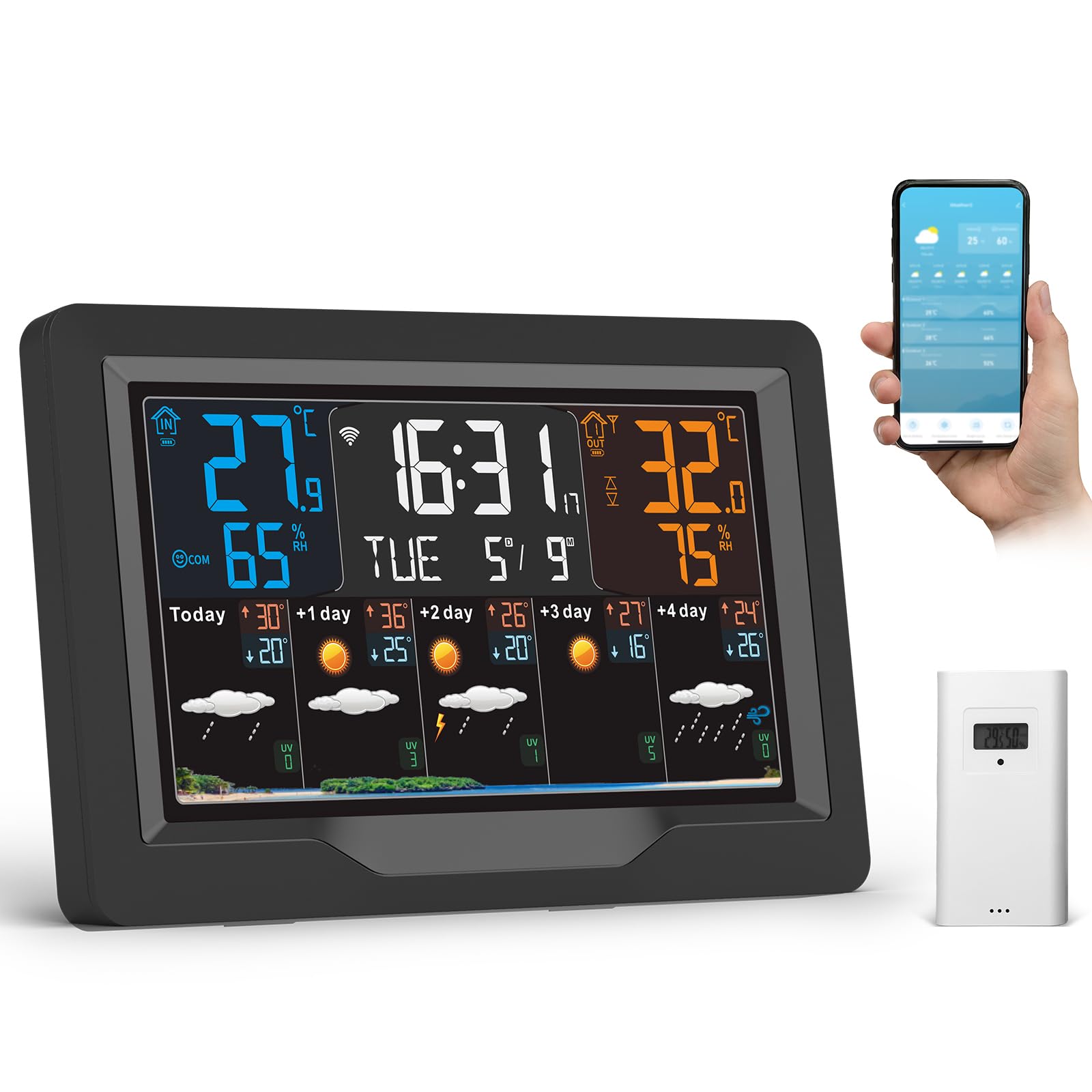 jely Wlan Wetterstation Funk mit Außensensor, Wifi Funkwetterstation mit APP, Farbdisplay Thermometer Hygrometer Innen Außen mit 5-Tage Wettervorhersage,Temperatur,Luftfeuchtigkeit,UV-Index,Uhrzeit
