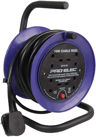 PRO ELEC PEL01273 4-Gang Mini Mains Extension Reel 10m Black/Blue