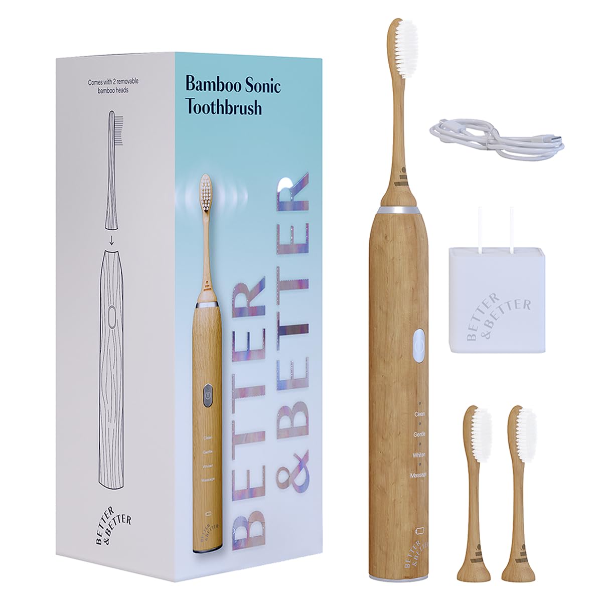 Photo 1 of Better & Better Sonic Bamboo Electric Toothbrush for Adults | Rechargeable Electric Bamboo Toothbrush w/Plant-Based Bristles | Soft Brush Heads incl. | 4 Cleaning Modes & Long-Lasting Battery