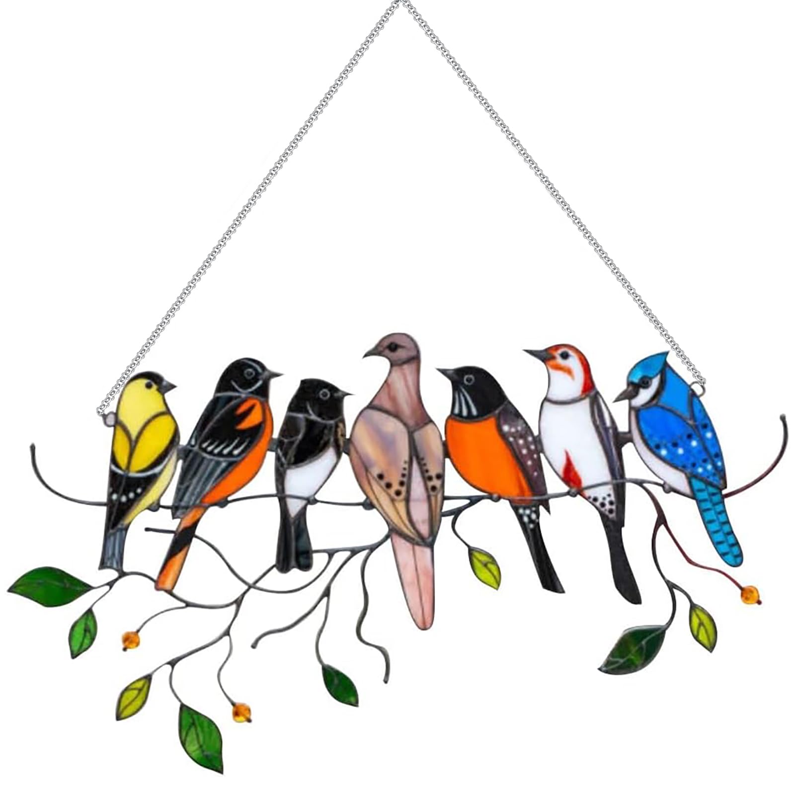 KIPTVO Multicolor Birds on a Wire High Stained Garden Suncatcher Birds Ornaments, Window Suncatchers Hanging Ornament, for Outdoor Garden Home Window Fence Decorations