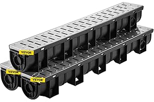 VEVOR Trench Drain System, Channel Drain with Metal Grate, 5.8x5.2-Inch HDPE Drainage Trench, Black Plastic Garage Floor Drai