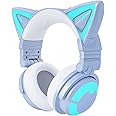 YOWU Cat Ear Headphones 3G, RGB Wireless/Wired 5.0 Foldable Gaming Headset with 7.1 Surround Sound, Built-in Mic & Customizable Lighting and Effect via APP, Type-C Charging Audio Cable(Blue)