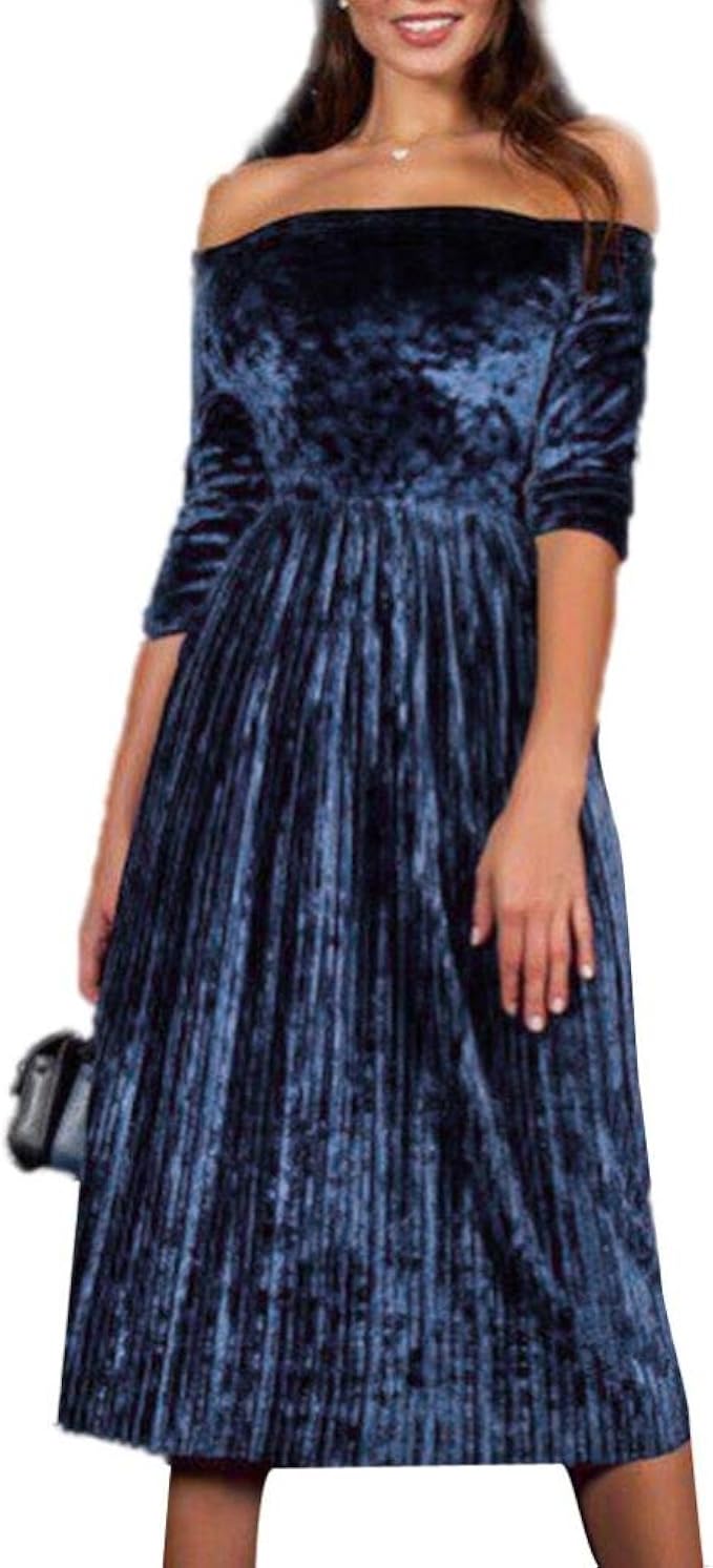 ZEZKT♪Fashion Damen Trägerlos Split Maxikleid Samt Off Shoulder Lange  Abendkleid Party Kleider Langarm Samt Velvet Vintage Elegant Cocktailkleid