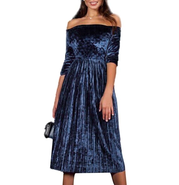 ZEZKT?Fashion Damen Trägerlos Split Maxikleid Samt Off Shoulder Lange Abendkleid Party Kleider Langarm Samt Velvet Vintage El