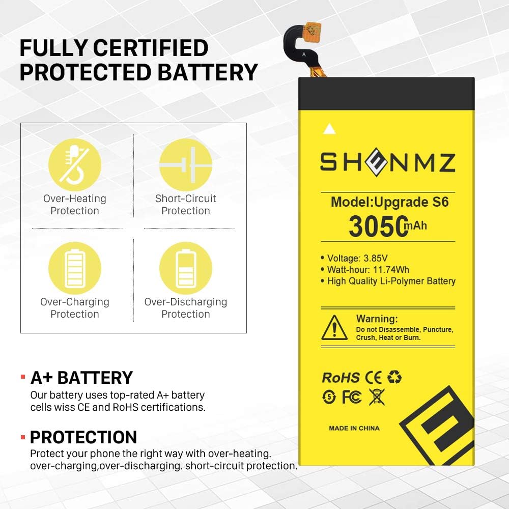 Galaxy S6 Battery Replacement Kit, 3050mAh SHENMZ Internal Li-Polymer Replacement EB-BG920ABE Battery for Samsung Galaxy S6 G920V G920A G920T G920P-[3 Years Warranty]